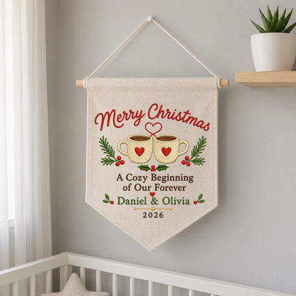 Personalized First Christmas Together Canvas Pennant Banner, Custom Name Embroidered Cozy Beginning Our Forever Couple Wall Sign
