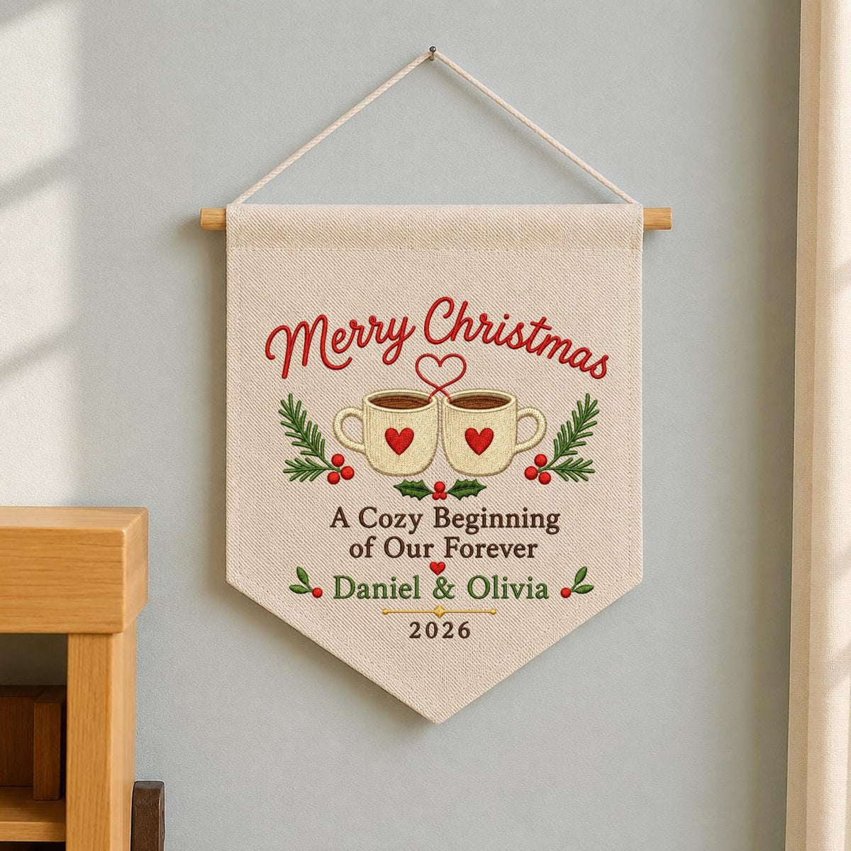 Personalized First Christmas Together Canvas Pennant Banner, Custom Name Embroidered Cozy Beginning Our Forever Couple Wall Sign