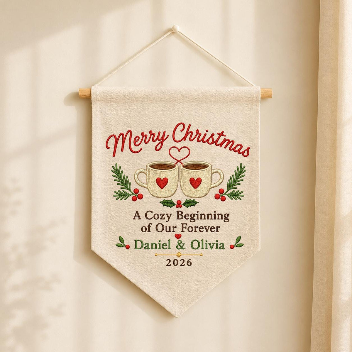 Personalized First Christmas Together Canvas Pennant Banner, Custom Name Embroidered Cozy Beginning Our Forever Couple Wall Sign