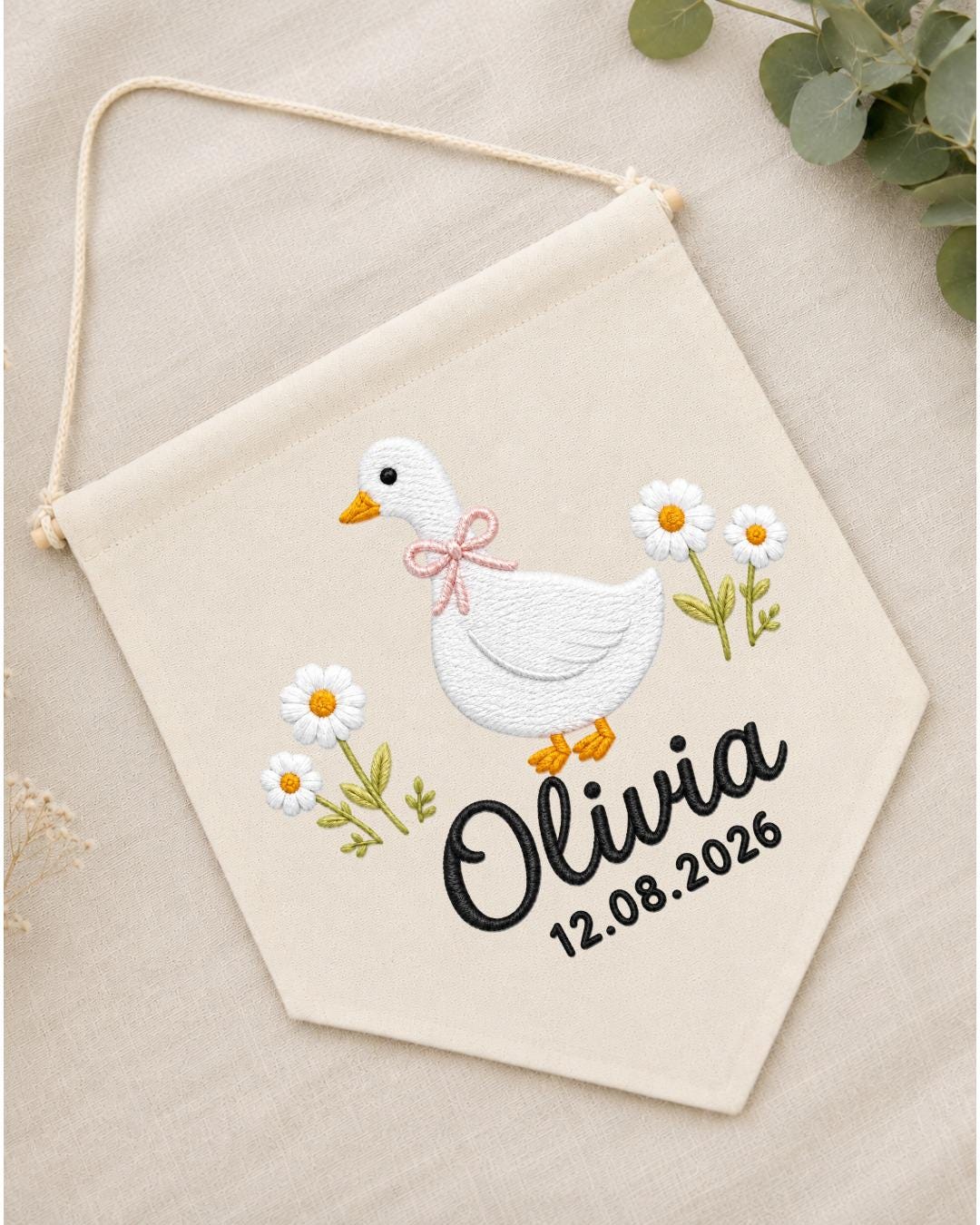 Personalized Goose Nursery Wall Hanging, Custom Name and Date Embroidered Banner, Daisy Baby Girl Room Decor, Baby Shower Keepsake Gift