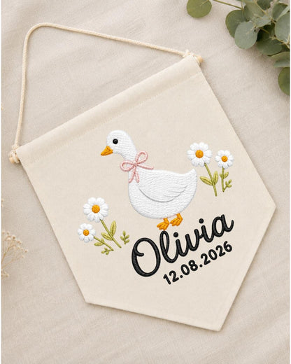 Personalized Goose Nursery Wall Hanging, Custom Name and Date Embroidered Banner, Daisy Baby Girl Room Decor, Baby Shower Keepsake Gift