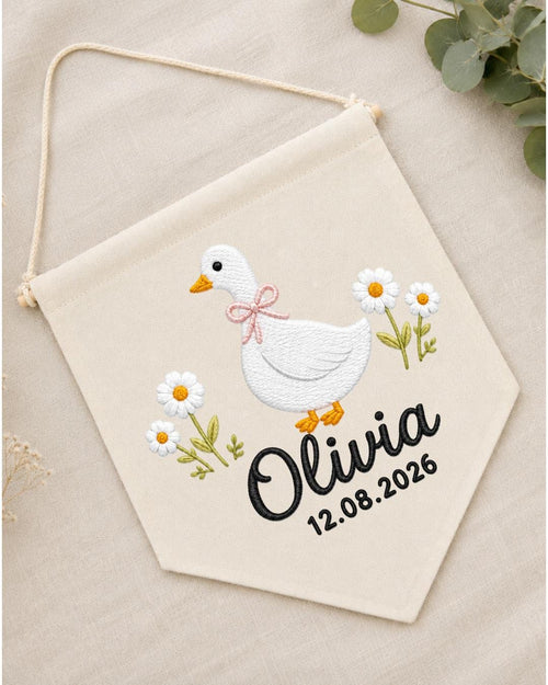 Personalized Goose Nursery Wall Hanging, Custom Name and Date Embroidered Banner, Daisy Baby Girl Room Decor, Baby Shower Keepsake Gift