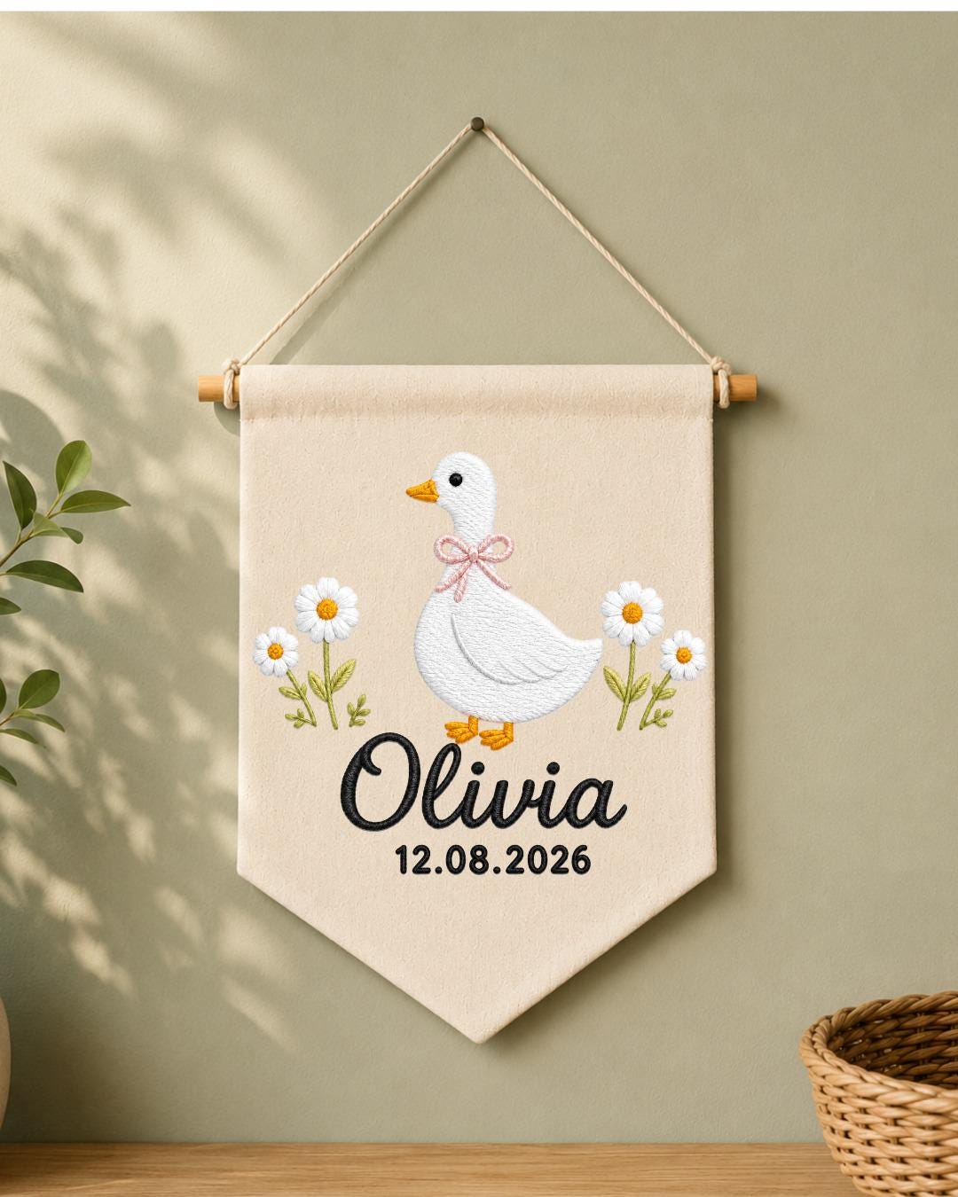 Personalized Goose Nursery Wall Hanging, Custom Name and Date Embroidered Banner, Daisy Baby Girl Room Decor, Baby Shower Keepsake Gift