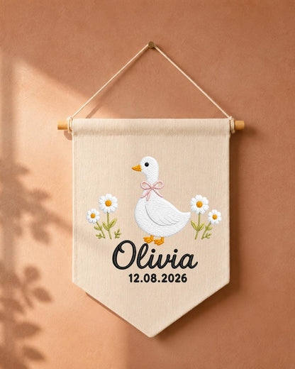 Personalized Goose Nursery Wall Hanging, Custom Name and Date Embroidered Banner, Daisy Baby Girl Room Decor, Baby Shower Keepsake Gift