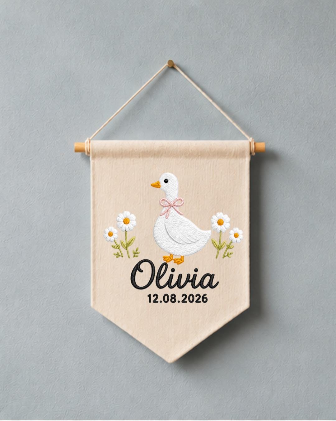 Personalized Goose Nursery Wall Hanging, Custom Name and Date Embroidered Banner, Daisy Baby Girl Room Decor, Baby Shower Keepsake Gift