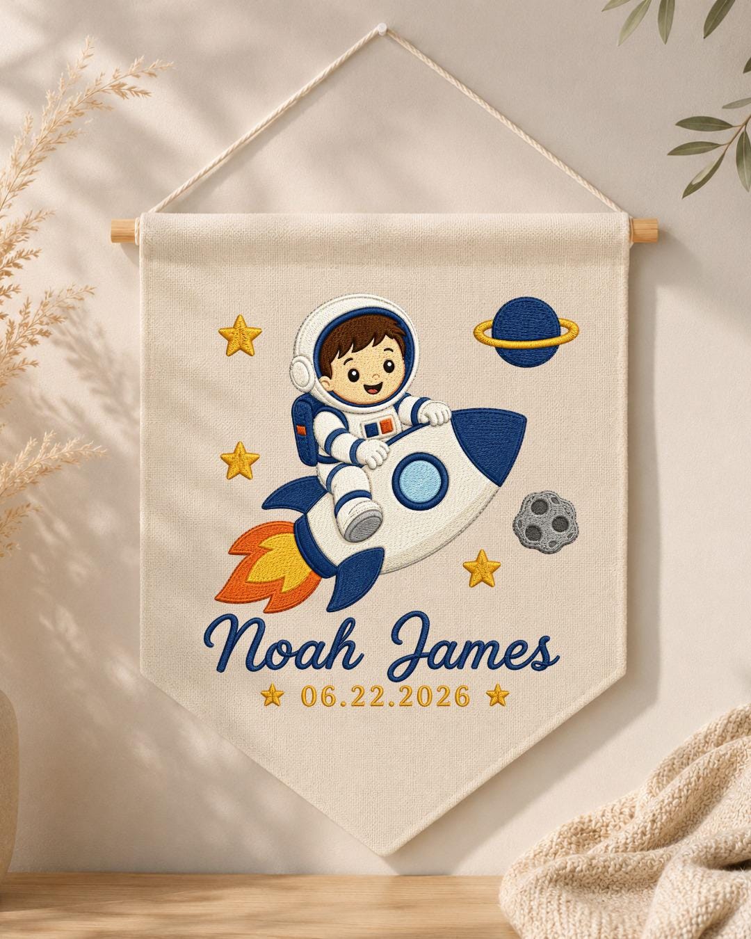 Personalized Astronaut Wall Hanging, Custom Name and Date Embroidered Rocket Banner, Space Nursery Decor, Baby Boy Room Gift