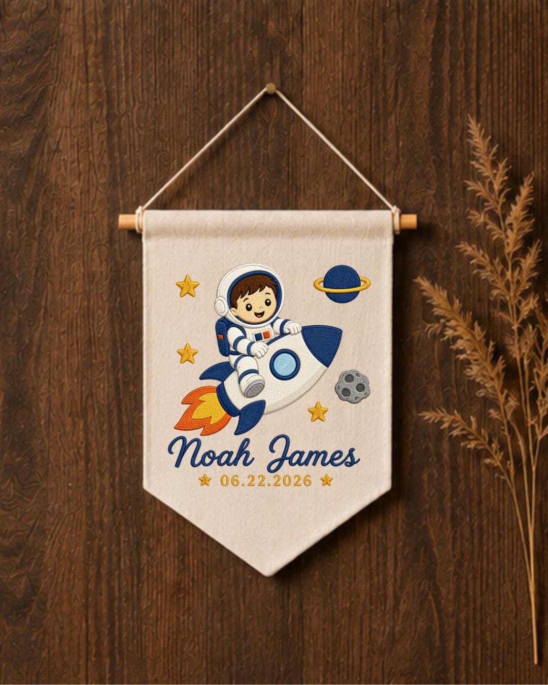 Personalized Astronaut Wall Hanging, Custom Name and Date Embroidered Rocket Banner, Space Nursery Decor, Baby Boy Room Gift