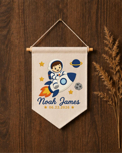 Personalized Astronaut Wall Hanging, Custom Name and Date Embroidered Rocket Banner, Space Nursery Decor, Baby Boy Room Gift
