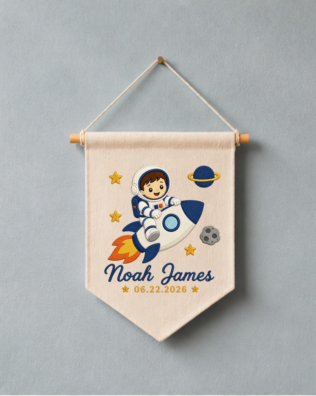 Personalized Astronaut Wall Hanging, Custom Name and Date Embroidered Rocket Banner, Space Nursery Decor, Baby Boy Room Gift
