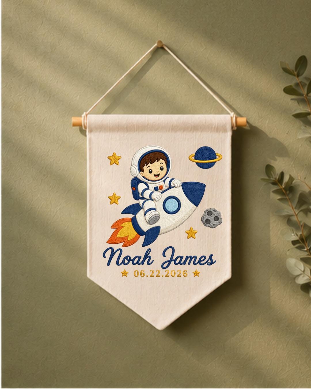 Personalized Astronaut Wall Hanging, Custom Name and Date Embroidered Rocket Banner, Space Nursery Decor, Baby Boy Room Gift