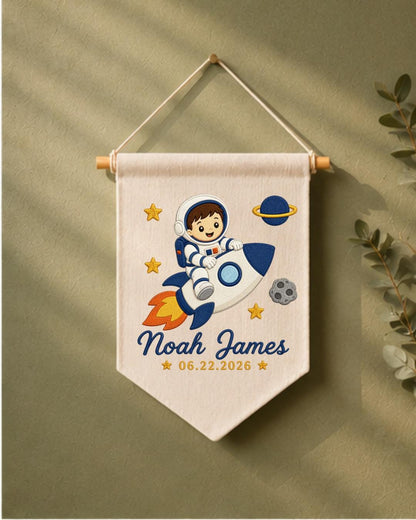 Personalized Astronaut Wall Hanging, Custom Name and Date Embroidered Rocket Banner, Space Nursery Decor, Baby Boy Room Gift