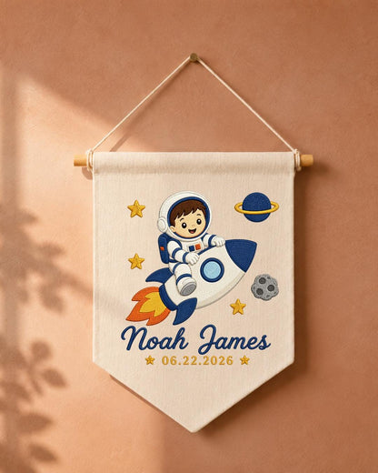 Personalized Astronaut Wall Hanging, Custom Name and Date Embroidered Rocket Banner, Space Nursery Decor, Baby Boy Room Gift