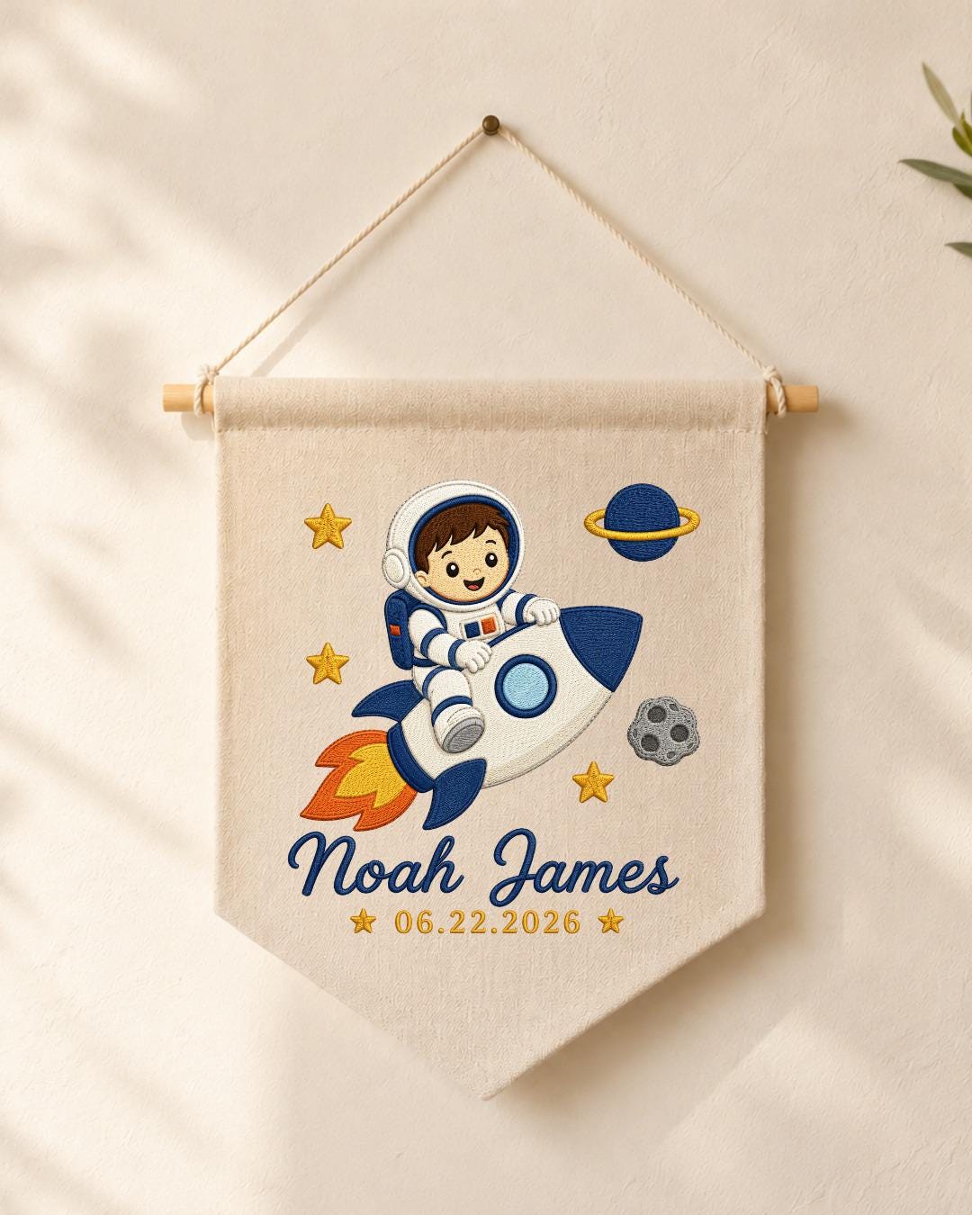 Personalized Astronaut Wall Hanging, Custom Name and Date Embroidered Rocket Banner, Space Nursery Decor, Baby Boy Room Gift