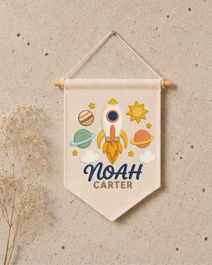 Personalized Space Nursery Wall Hanging, Custom Name Embroidered Banner, Rocket Planet Baby Boy Room Decor, Outer Space Nursery Gift