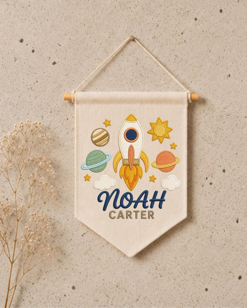 Personalized Space Nursery Wall Hanging, Custom Name Embroidered Banner, Rocket Planet Baby Boy Room Decor, Outer Space Nursery Gift