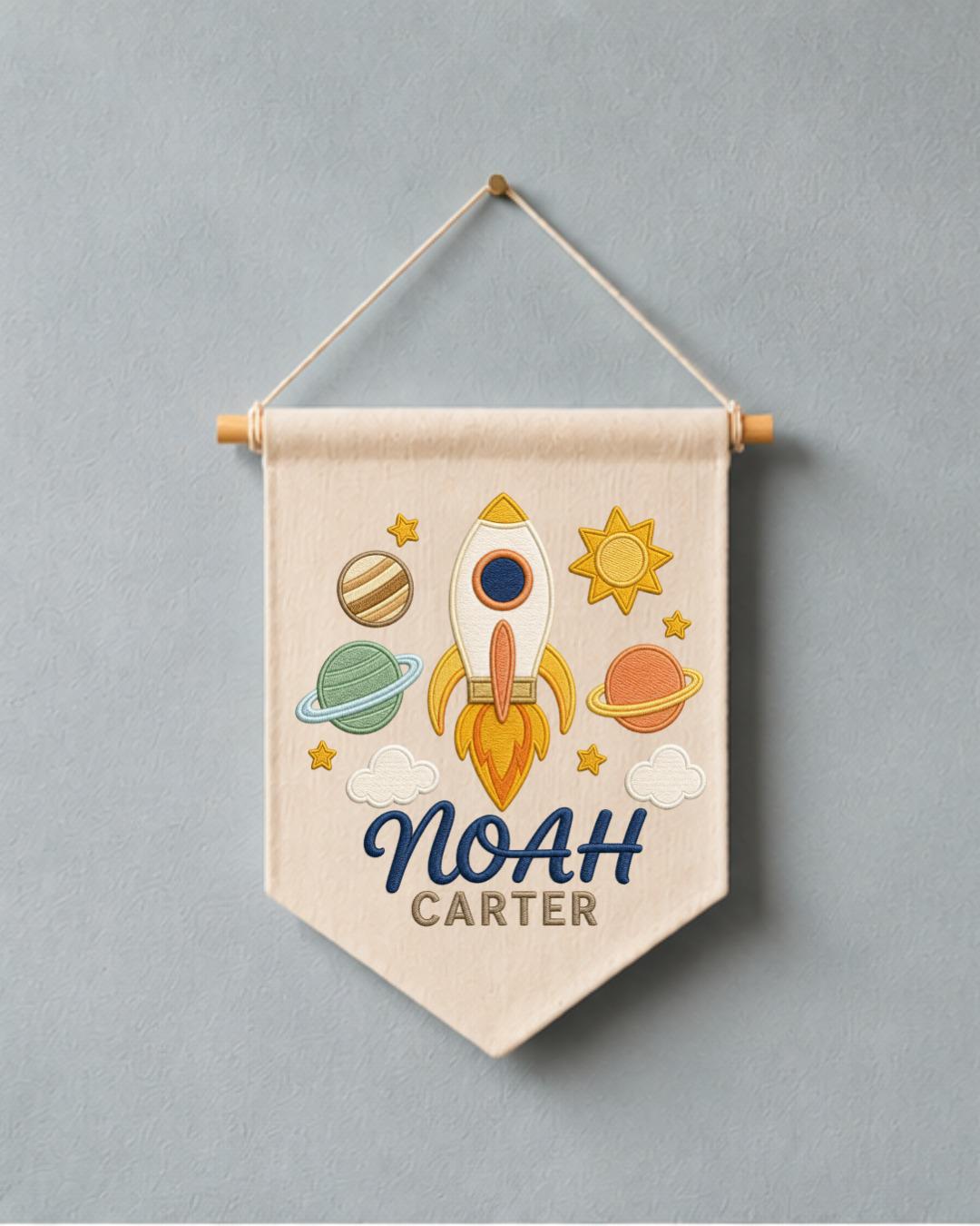 Personalized Space Nursery Wall Hanging, Custom Name Embroidered Banner, Rocket Planet Baby Boy Room Decor, Outer Space Nursery Gift