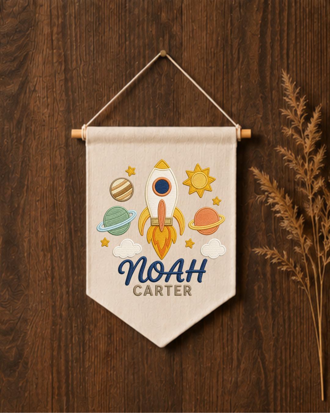 Personalized Space Nursery Wall Hanging, Custom Name Embroidered Banner, Rocket Planet Baby Boy Room Decor, Outer Space Nursery Gift