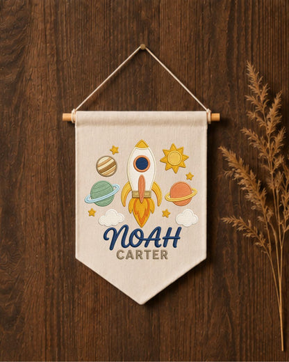 Personalized Space Nursery Wall Hanging, Custom Name Embroidered Banner, Rocket Planet Baby Boy Room Decor, Outer Space Nursery Gift
