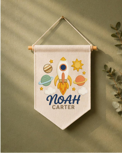 Personalized Space Nursery Wall Hanging, Custom Name Embroidered Banner, Rocket Planet Baby Boy Room Decor, Outer Space Nursery Gift