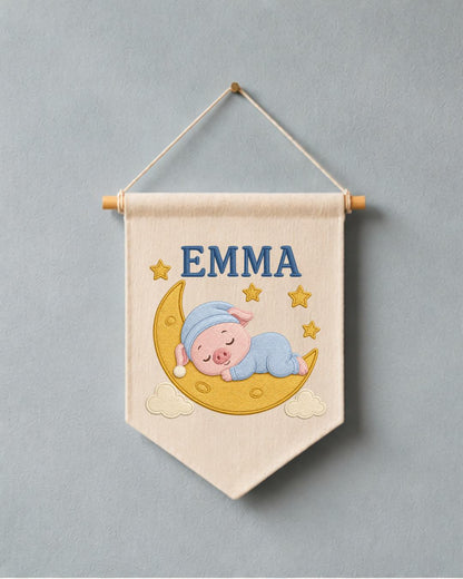 Personalized Pig Moon Nursery Wall Hanging, Custom Name Embroidered Banner, Sleeping Pig Baby Girl Room Decor, Moon and Stars Nursery Gift