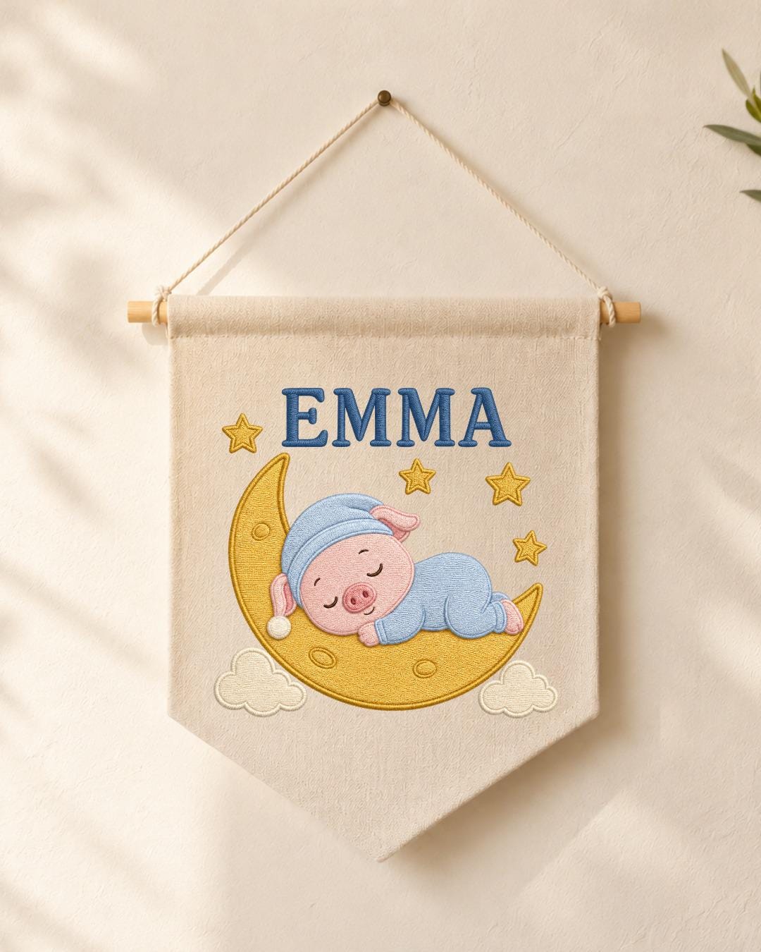 Personalized Pig Moon Nursery Wall Hanging, Custom Name Embroidered Banner, Sleeping Pig Baby Girl Room Decor, Moon and Stars Nursery Gift
