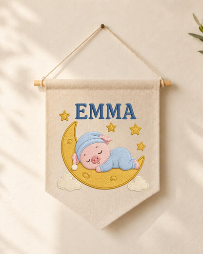 Personalized Pig Moon Nursery Wall Hanging, Custom Name Embroidered Banner, Sleeping Pig Baby Girl Room Decor, Moon and Stars Nursery Gift
