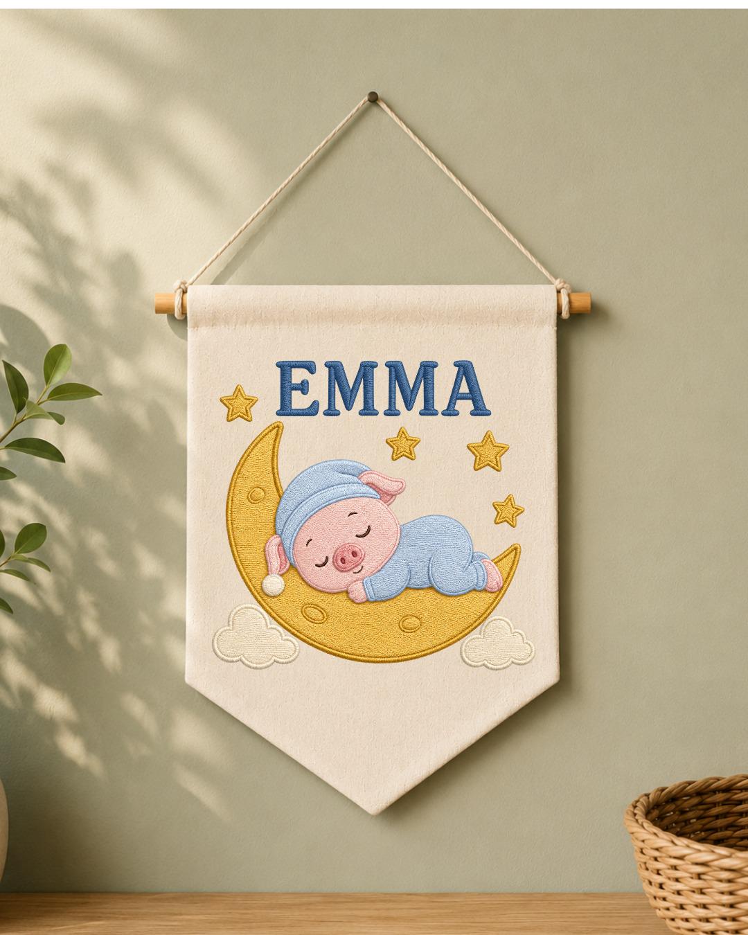 Personalized Pig Moon Nursery Wall Hanging, Custom Name Embroidered Banner, Sleeping Pig Baby Girl Room Decor, Moon and Stars Nursery Gift