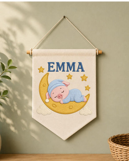 Personalized Pig Moon Nursery Wall Hanging, Custom Name Embroidered Banner, Sleeping Pig Baby Girl Room Decor, Moon and Stars Nursery Gift