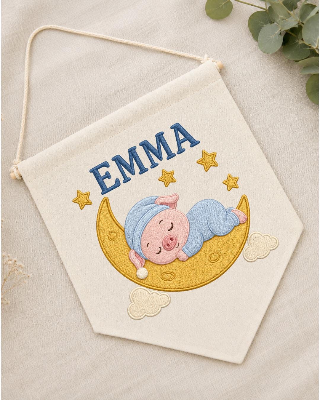 Personalized Pig Moon Nursery Wall Hanging, Custom Name Embroidered Banner, Sleeping Pig Baby Girl Room Decor, Moon and Stars Nursery Gift