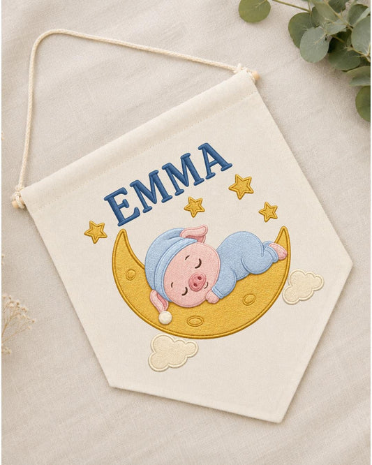 Personalized Pig Moon Nursery Wall Hanging, Custom Name Embroidered Banner, Sleeping Pig Baby Girl Room Decor, Moon and Stars Nursery Gift