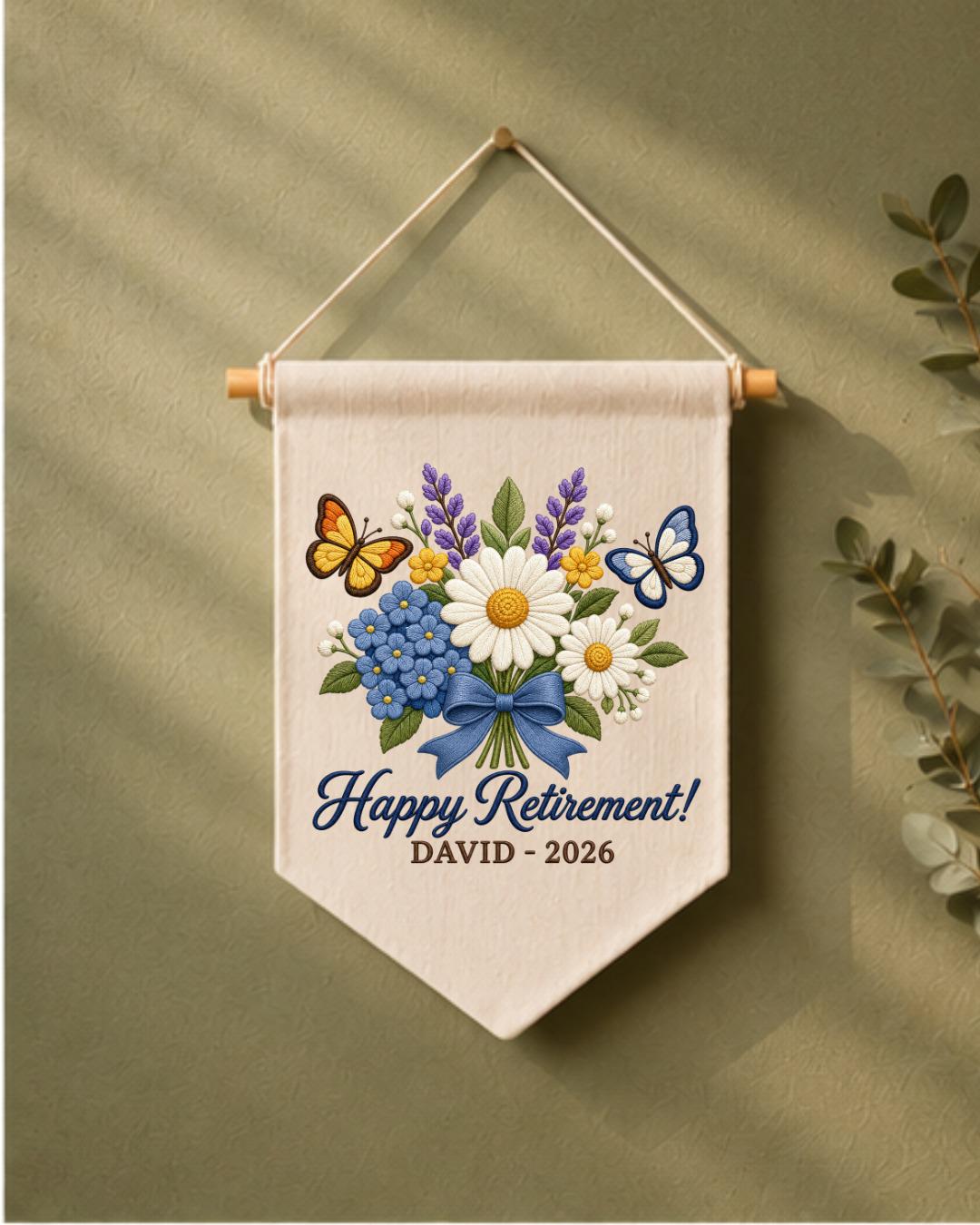 Personalized Retirement Wall Hanging, Custom Name Embroidered Banner, Floral Retirement Gift, Happy Retirement Keepsake, Coworker Gift