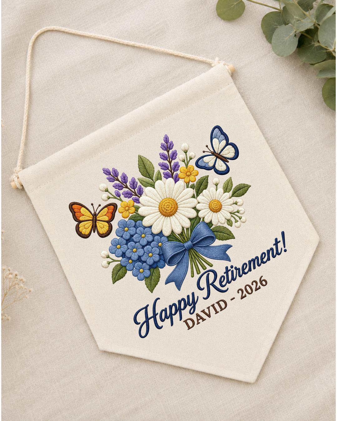 Personalized Retirement Wall Hanging, Custom Name Embroidered Banner, Floral Retirement Gift, Happy Retirement Keepsake, Coworker Gift
