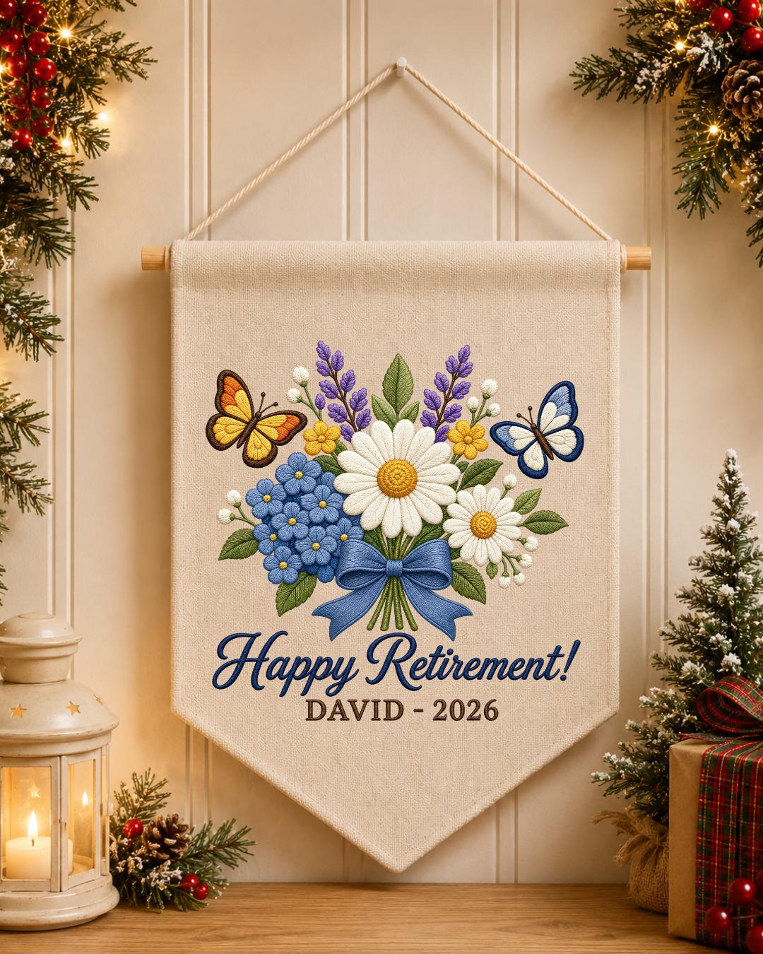 Personalized Retirement Wall Hanging, Custom Name Embroidered Banner, Floral Retirement Gift, Happy Retirement Keepsake, Coworker Gift