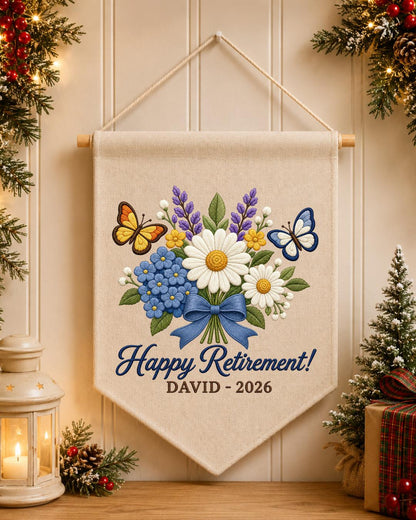 Personalized Retirement Wall Hanging, Custom Name Embroidered Banner, Floral Retirement Gift, Happy Retirement Keepsake, Coworker Gift