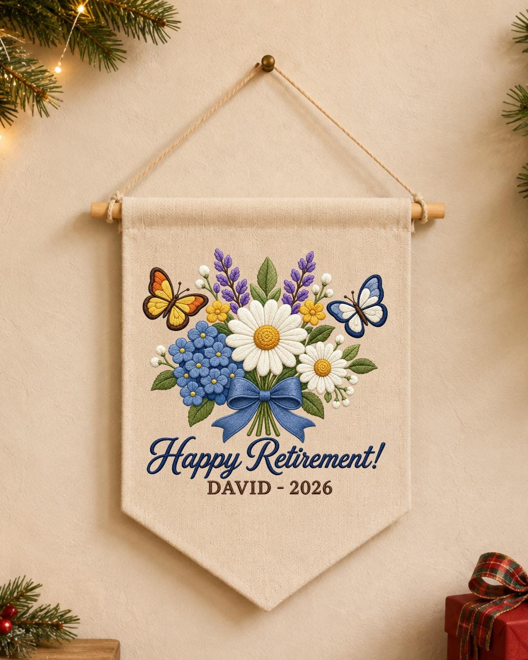 Personalized Retirement Wall Hanging, Custom Name Embroidered Banner, Floral Retirement Gift, Happy Retirement Keepsake, Coworker Gift