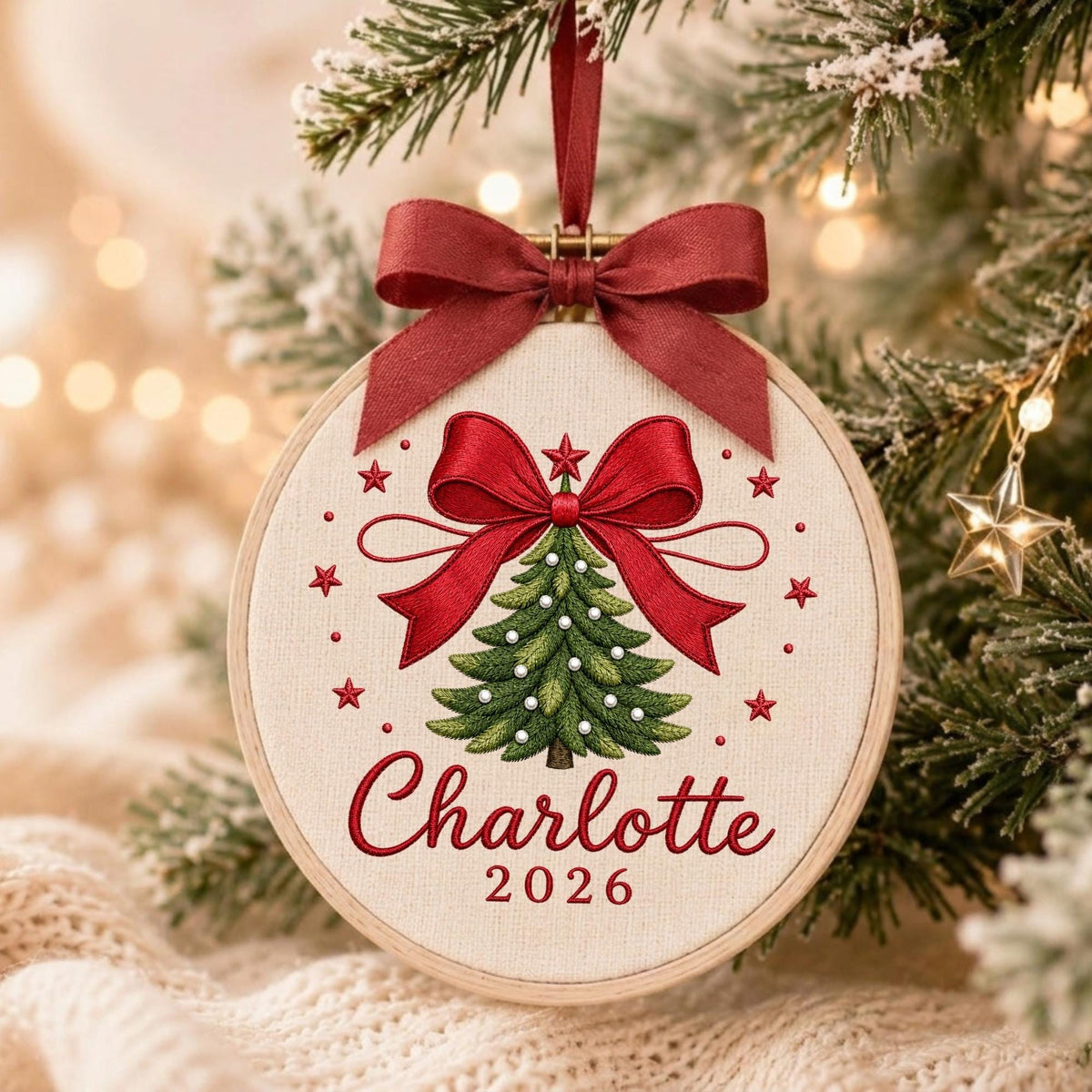 May include: A circular embroidery hoop ornament featuring a green Christmas tree with white accents, topped with a large red bow and small red stars. The text Charlotte and 2026 are embroidered in red below the tree. A red ribbon bow hangs from the top.
