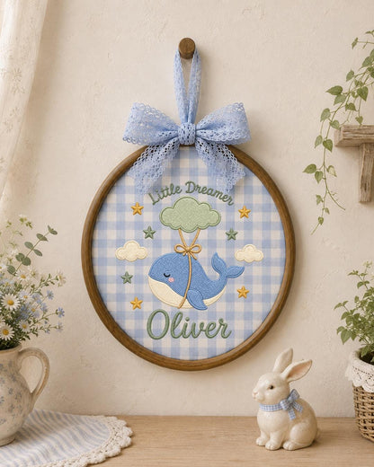 Personalized Whale Embroidered Ornament, Custom Baby Name Hoop, Little Dreamer Nursery Decor, Baby Boy Gift, Newborn Keepsake