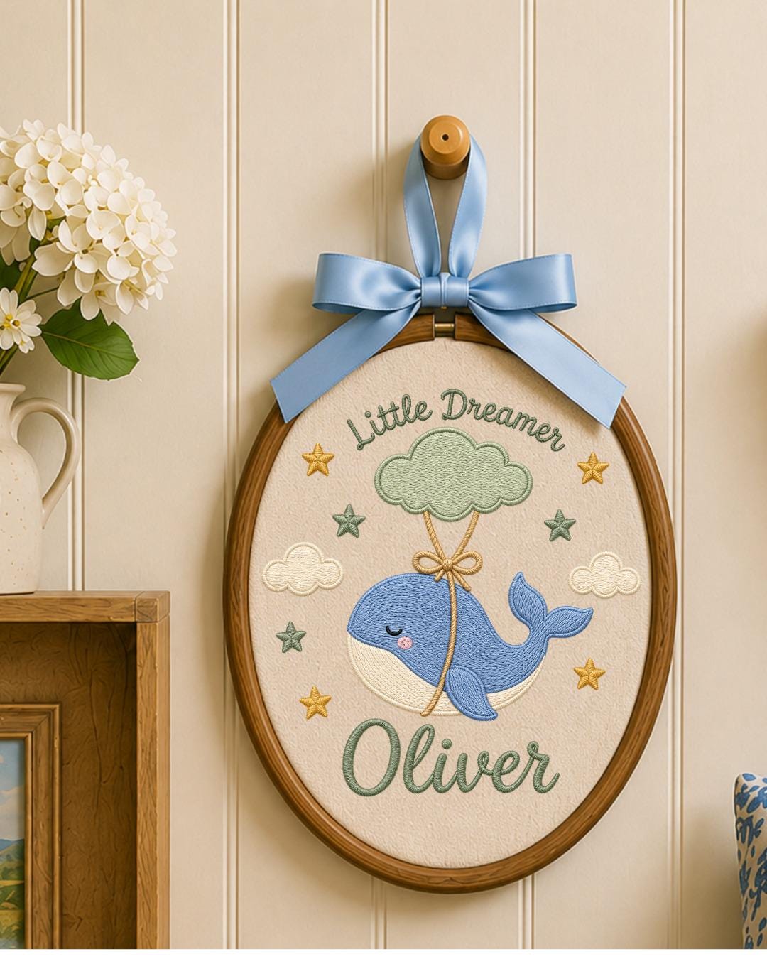Personalized Whale Embroidered Ornament, Custom Baby Name Hoop, Little Dreamer Nursery Decor, Baby Boy Gift, Newborn Keepsake