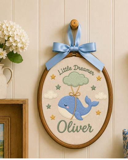 Personalized Whale Embroidered Ornament, Custom Baby Name Hoop, Little Dreamer Nursery Decor, Baby Boy Gift, Newborn Keepsake