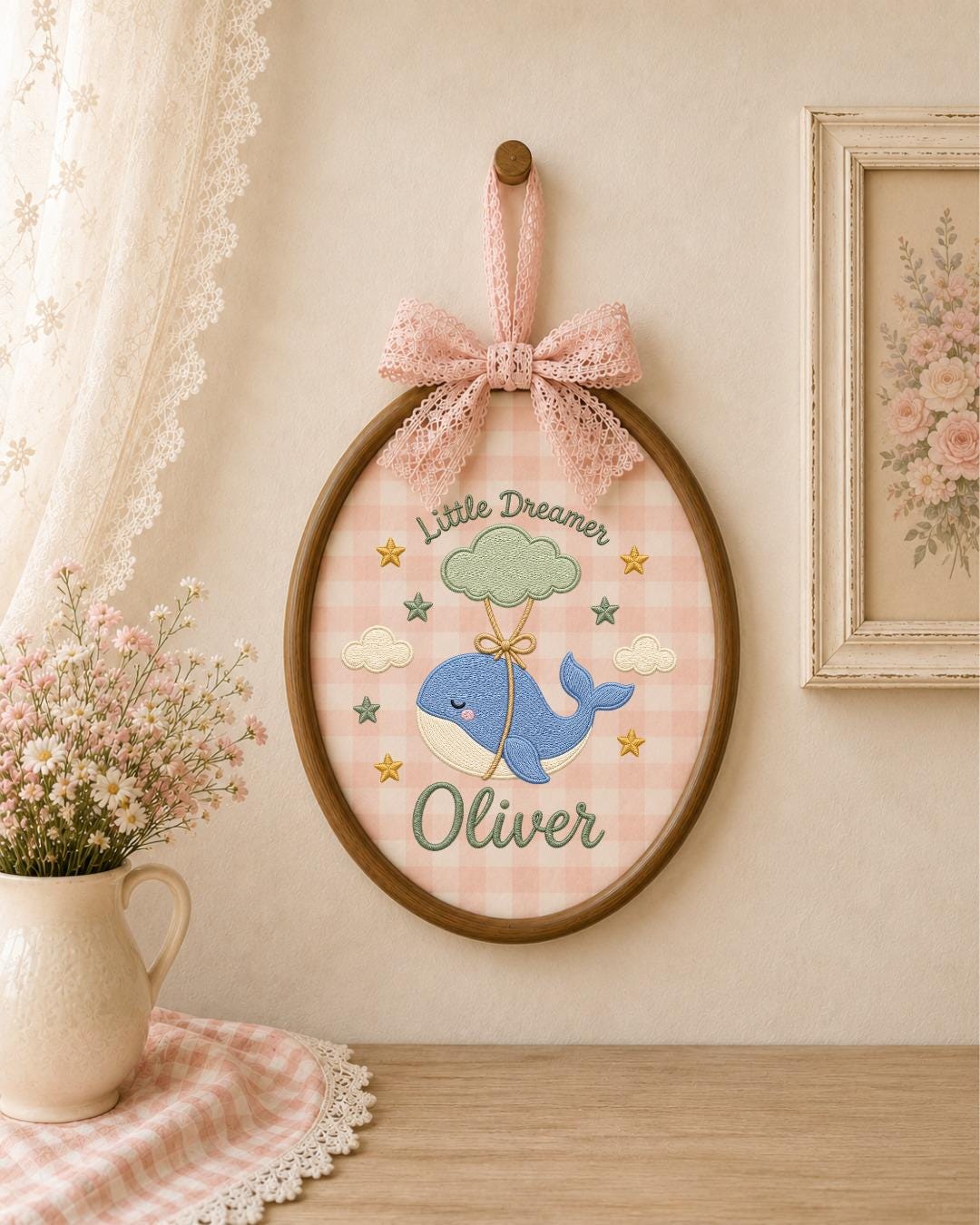 Personalized Whale Embroidered Ornament, Custom Baby Name Hoop, Little Dreamer Nursery Decor, Baby Boy Gift, Newborn Keepsake