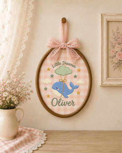 Personalized Whale Embroidered Ornament, Custom Baby Name Hoop, Little Dreamer Nursery Decor, Baby Boy Gift, Newborn Keepsake