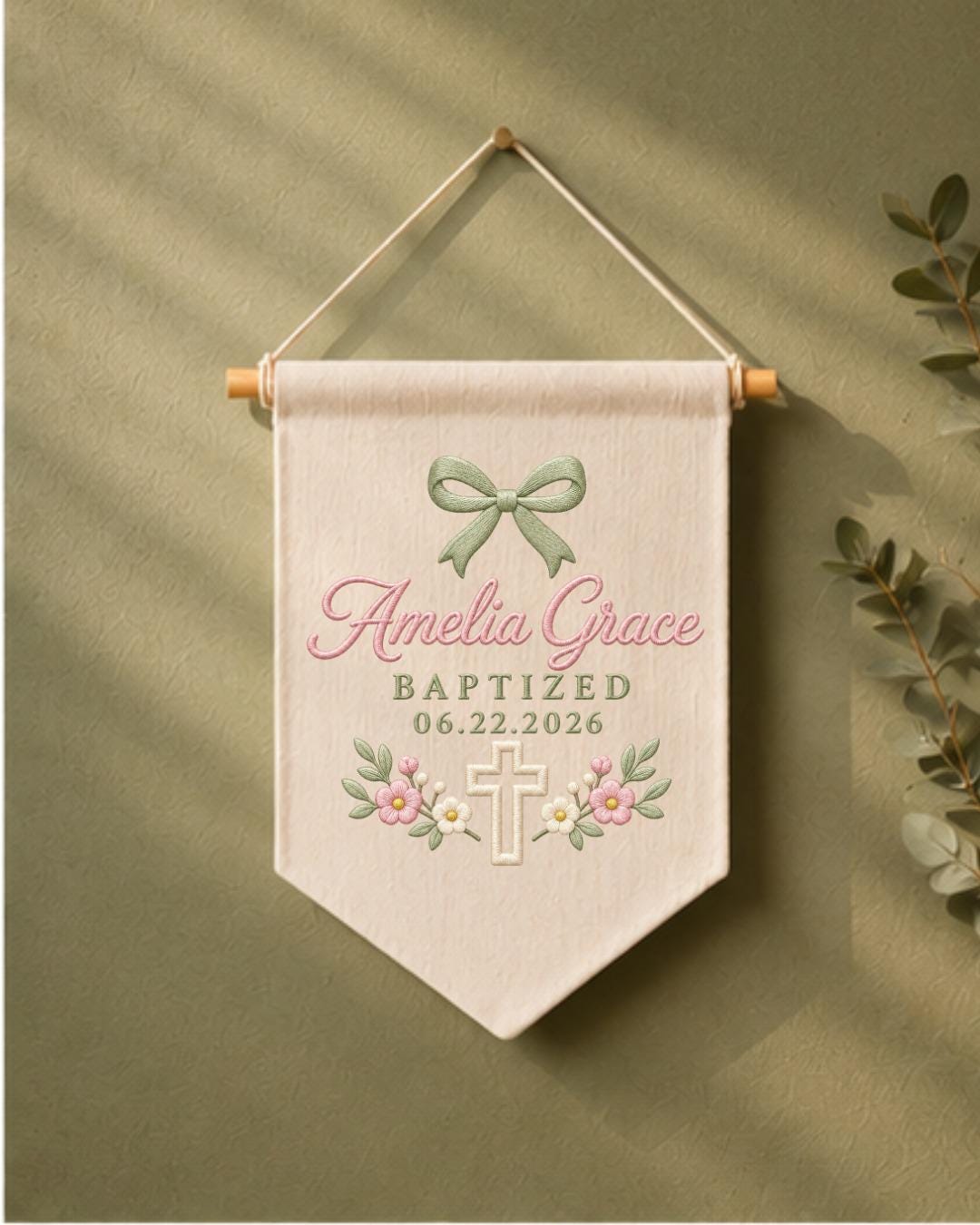 Personalized Baptism Wall Hanging, Custom Name Embroidered Banner, Floral Cross Christening Decor, Baby Girl Baptism Gift, Religious Nursery