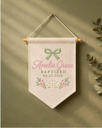Personalized Baptism Wall Hanging, Custom Name Embroidered Banner, Floral Cross Christening Decor, Baby Girl Baptism Gift, Religious Nursery