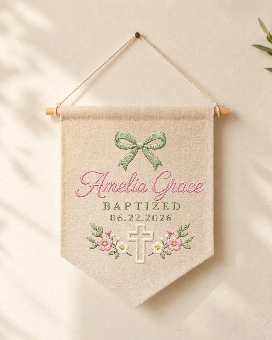 Personalized Baptism Wall Hanging, Custom Name Embroidered Banner, Floral Cross Christening Decor, Baby Girl Baptism Gift, Religious Nursery