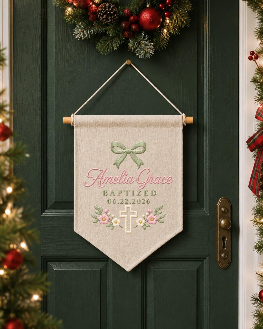 Personalized Baptism Wall Hanging, Custom Name Embroidered Banner, Floral Cross Christening Decor, Baby Girl Baptism Gift, Religious Nursery