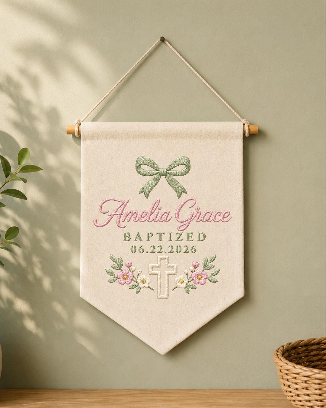 Personalized Baptism Wall Hanging, Custom Name Embroidered Banner, Floral Cross Christening Decor, Baby Girl Baptism Gift, Religious Nursery