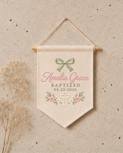 Personalized Baptism Wall Hanging, Custom Name Embroidered Banner, Floral Cross Christening Decor, Baby Girl Baptism Gift, Religious Nursery