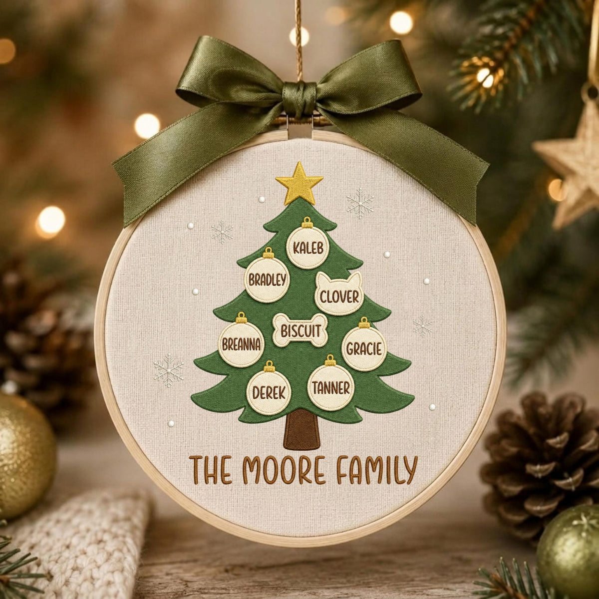 May include: A circular embroidery hoop ornament featuring a green fabric Christmas tree with a yellow star on top. The tree is decorated with white ornaments labeled with the names Kaleb, Bradley, Clover, Biscuit, Breanna, Gracie, Derek, and Tanner. The text THE MOORE FAMILY is embroidered below the tree, and an olive green ribbon bow is attached to the top.