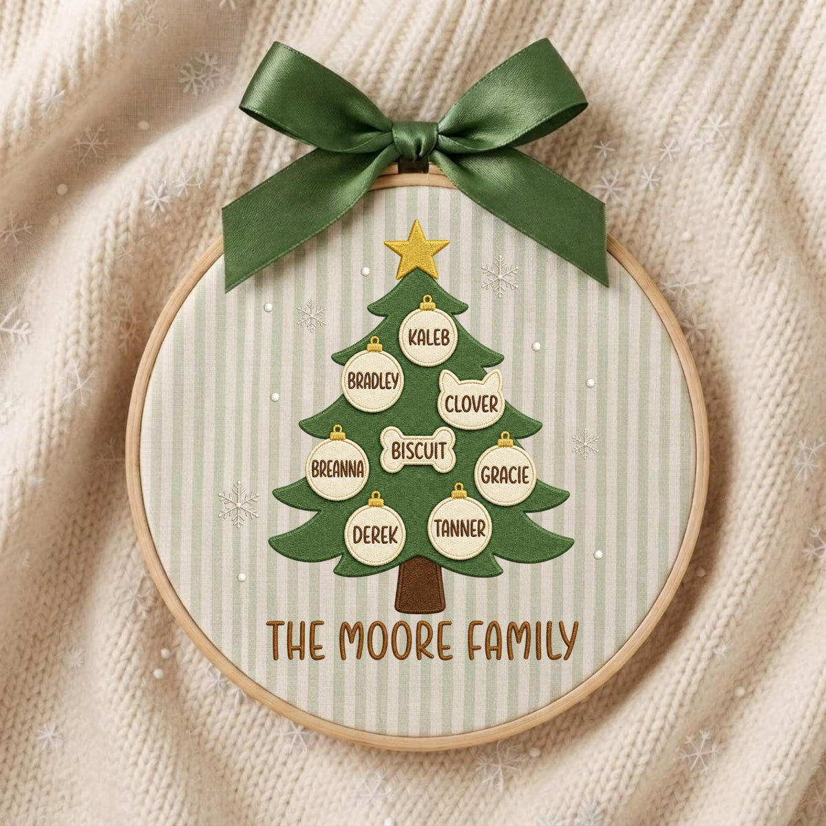 May include: A circular embroidery hoop featuring a green fabric Christmas tree with a yellow star topper. The tree is decorated with white ornaments labeled Kaleb, Bradley, Clover, Biscuit, Breanna, Gracie, Derek, and Tanner. The text reads THE MOORE FAMILY.