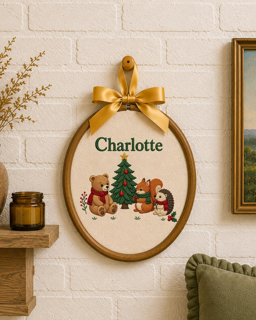 Personalized Embroidered Ornament, Custom Baby Name Christmas Hoop, Woodland Animal Nursery Decor, Bear Fox Hedgehog Christmas Gift